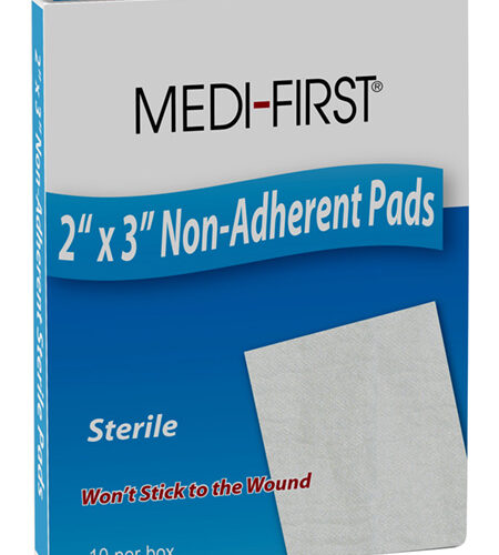 image of medi-first 2" x 3" non stick pads blue and white box on white background