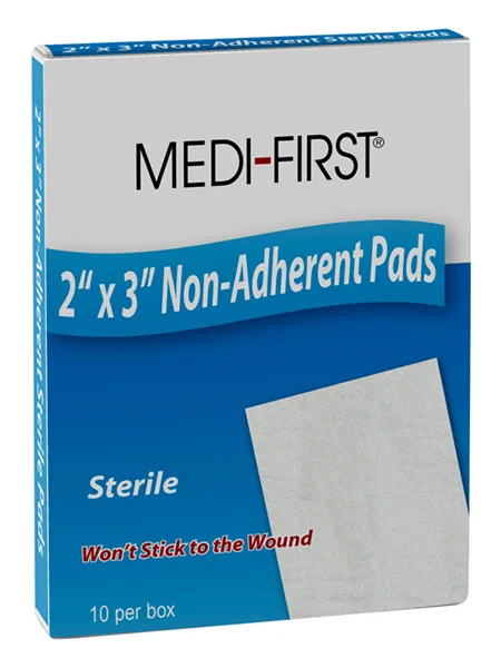 image of medi-first 2" x 3" non stick pads blue and white box on white background