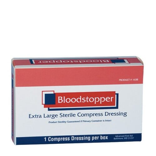 red white and blue box of medistoppers blood stopper on white background