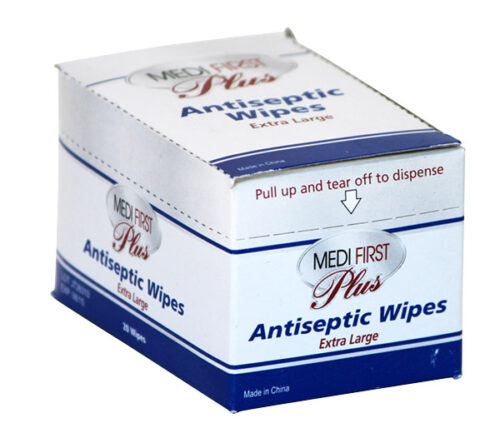 white box with blue writing for antiseptic wipes