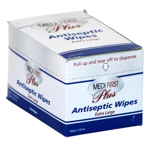 white box with blue writing for antiseptic wipes