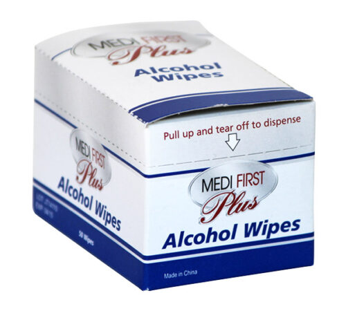 white box with blue writing for alcohol wipes