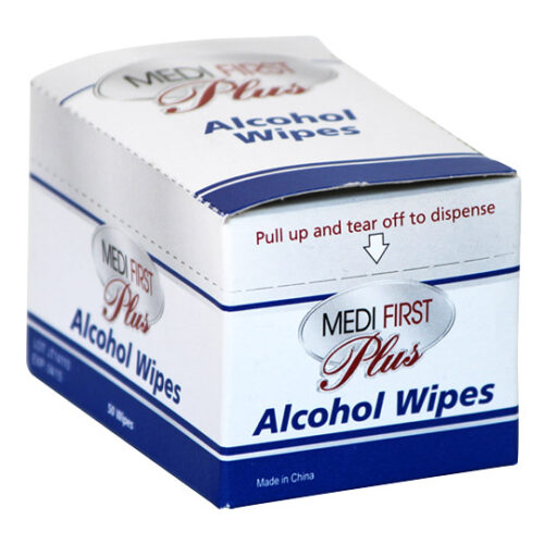 white box with blue writing for alcohol wipes