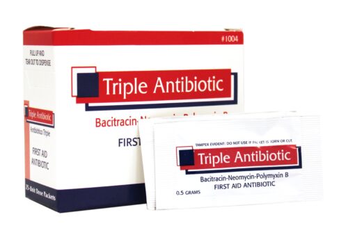 white box with red lettering for triple antibiotic box packets on white background