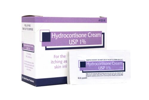 white box of hydrocortisone cream with purple letters and image of one packet of cream