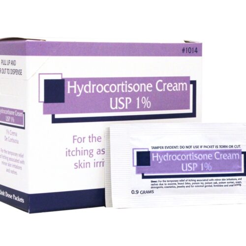 white box of hydrocortisone cream with purple letters and image of one packet of cream