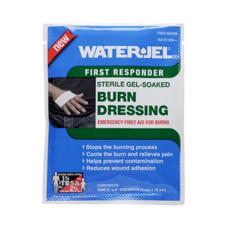 blue package with green and white lettering for water-jel burn dressing image