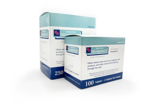 two white boxes with teal and blue lettering for 100 and 250 count