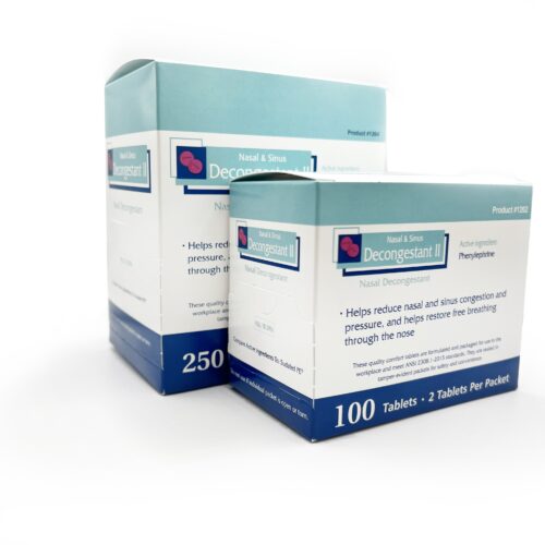 two white boxes with teal and blue lettering for 100 and 250 count