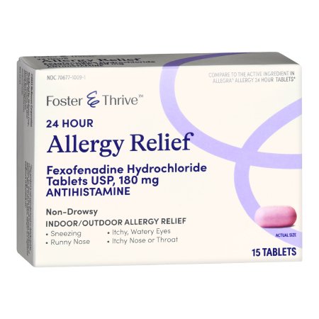 white box of allergy relief medicine with light purple design and writing