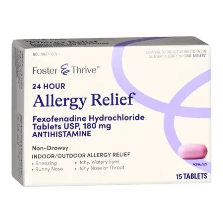 white box of allergy relief medicine with light purple design and writing