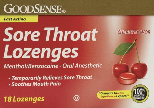 picture of goodsense sore throat lozenges cherry flavored. red box with gold stripe on top