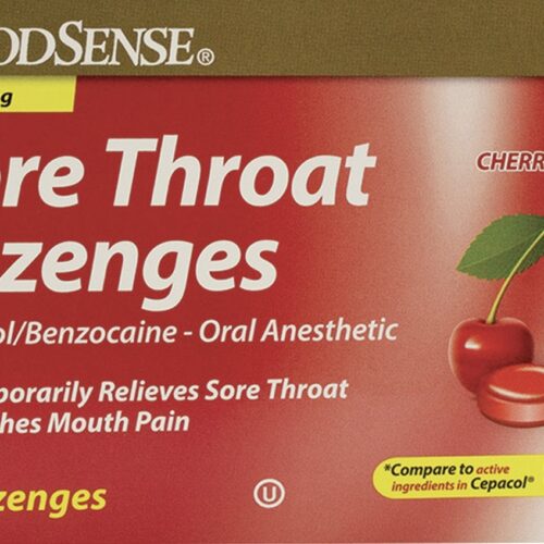 picture of goodsense sore throat lozenges cherry flavored. red box with gold stripe on top