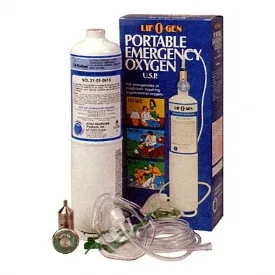 image of oxygen cylinder, mask, and tubing along with blue box with item images on it for portable oxygen kit