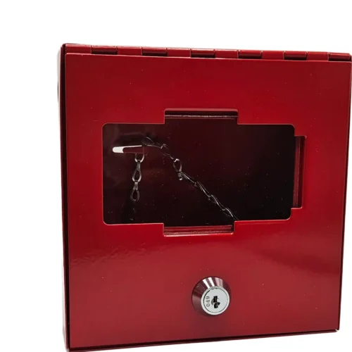 red square box with chrome key lock and rectangular glass window for break glass for key lock