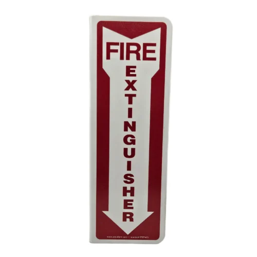 image of long white fire extinguisher sign with word fire printed horizontally and a vertical arrow with extinguisher pointing down