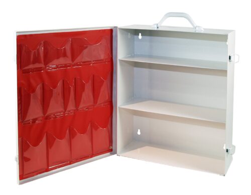 image of 3 shelf wall hanging first aid box white interior red front door