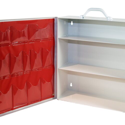 image of 3 shelf wall hanging first aid box white interior red front door