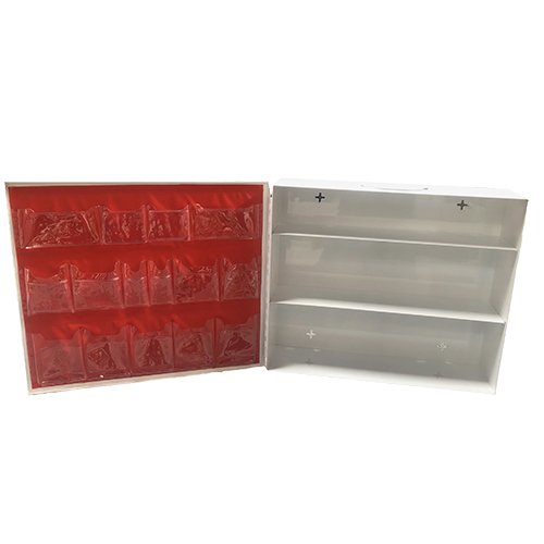 image of 3 shelf first aid box wide version white interior red door