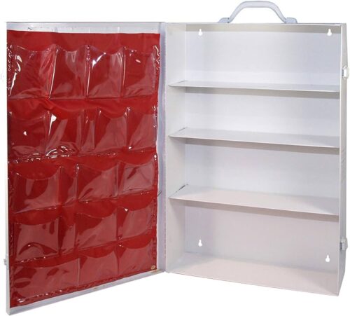 4 shelf first aid box with white interior and red door