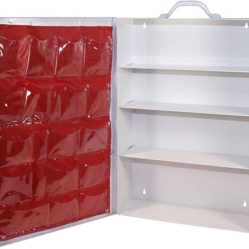 4 shelf first aid box with white interior and red door