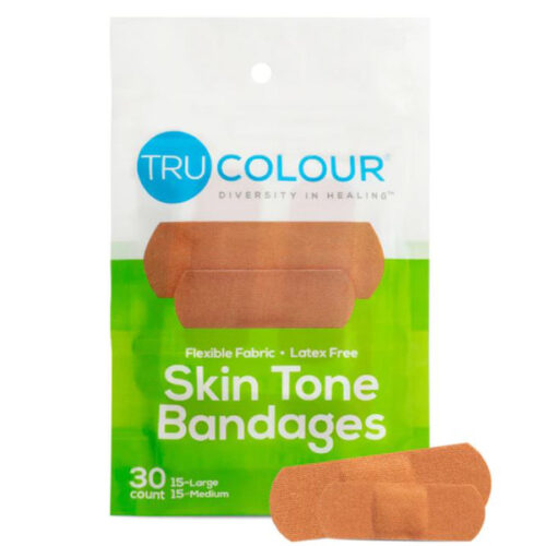 olive skin tone bandage in white and green packaging