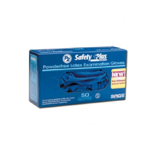 blue box of safety first 100 count latex exam gloves