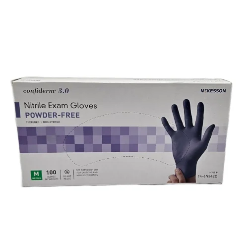 white box with purple stripe for nitrile exam gloves. image of purple gloved hand on box 100 count