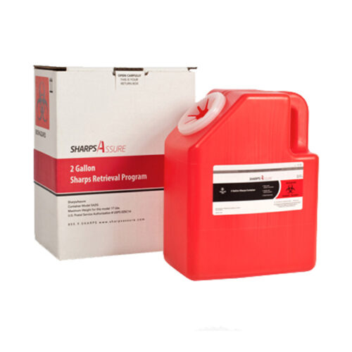 picture of red 2 gallon sharps retrieval program with white and red box with description brand sharpsassure