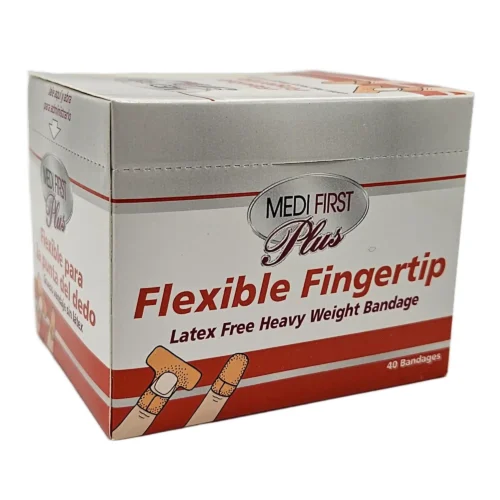 gray white and red box of medi fast flexible fingertip bandages latex free heavy weight bandages box of 40 bandages