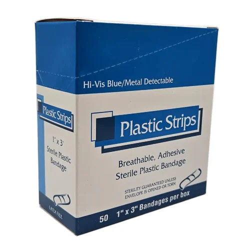 blue and white box of hi vis/metal detectable plastic strip bandages 1" x 3" bandages box of 100