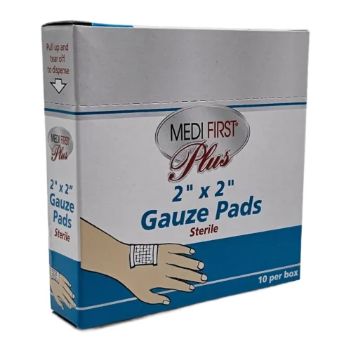 blue gray and white box of Medi First Plus 2" x 2" gauze pads sterile 10 per box