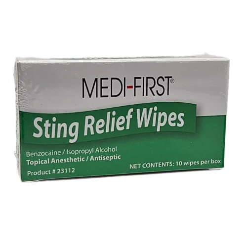 green and white box of medi-first sting relief wipes box of 10