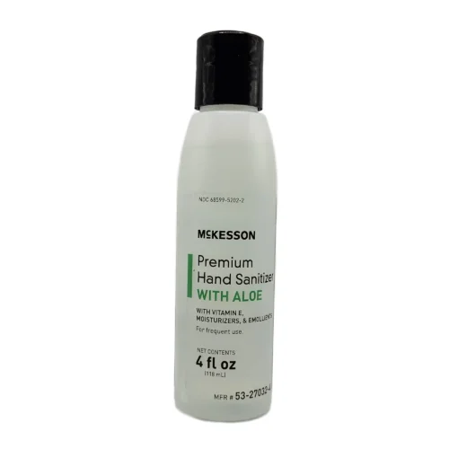 green bottle with black top of Mckesson no rinse hand sanitizer with aloe