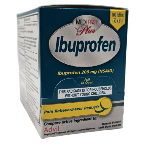 blue and gray box of ibuprofen tablets 200 count for households without small children