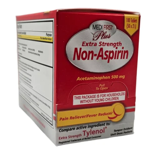 red and gray box of extra strength non-aspirin pain reliever acetamenaphin 500mg individual packets 100 tablets