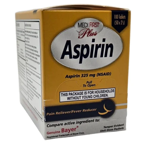 gold and gray box of medi-first aspirin pain reliever (NSAID) 325mg tablets box of 100