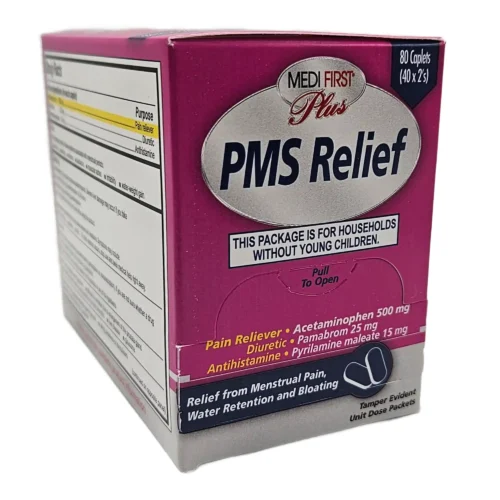 bright pink and white box of PMS relief individual dose caplets of 80 caplets and 40 doses