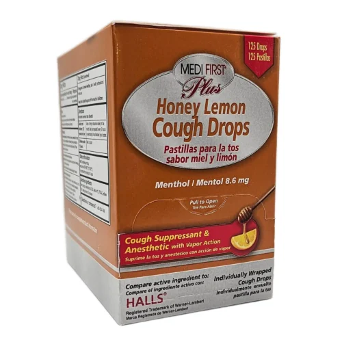 brown and white box of honey lemon cough drops