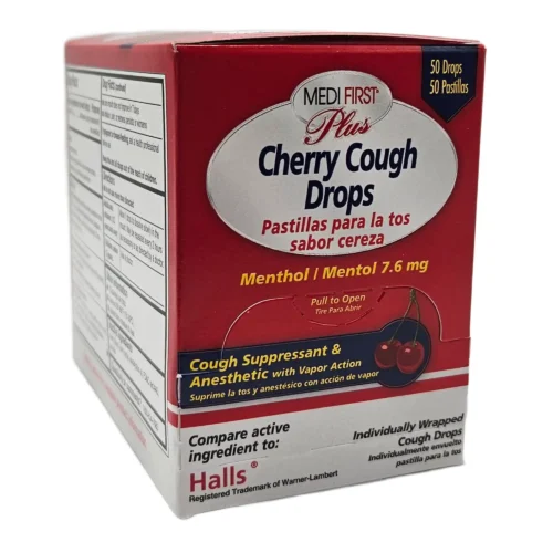 red and white box of individually wrapped cherry flavor cough drops box of 50 cough drops