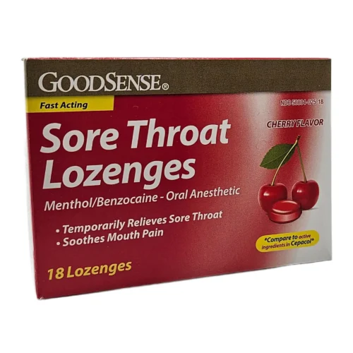 goodsense brand box of cherry sore throat lozenges red box with gold stripe on top