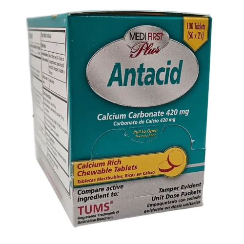 teal and white box of 250 individual antacids from med-fast plus