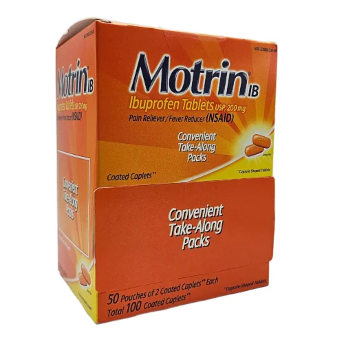 motrin brand orange box of individually wrapped doses of pain reliever