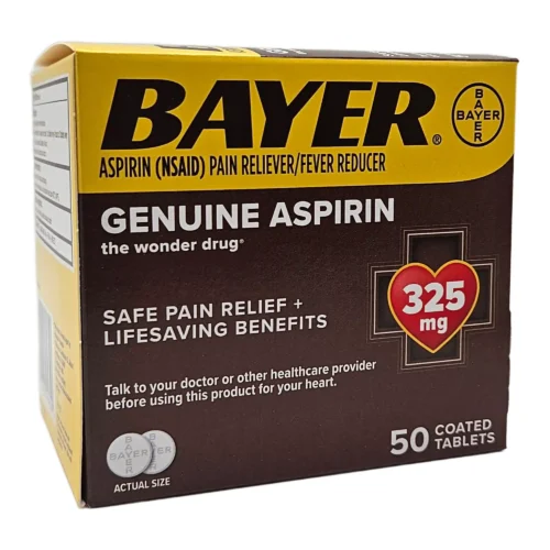 bayer aspirin box in yellow and brown full 325 dose box of 50