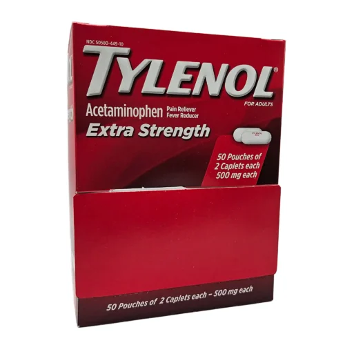 tylenol extra strength red box of individual doses with drop down flap for ease of access