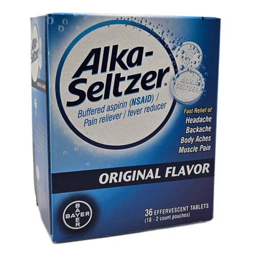 blue and white box of alka-seltzer tablets original flavor box of 36 tablets