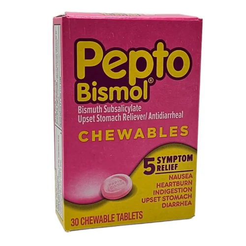 pepto bismol pink and yellow box of chewable antacid tablets box of 30