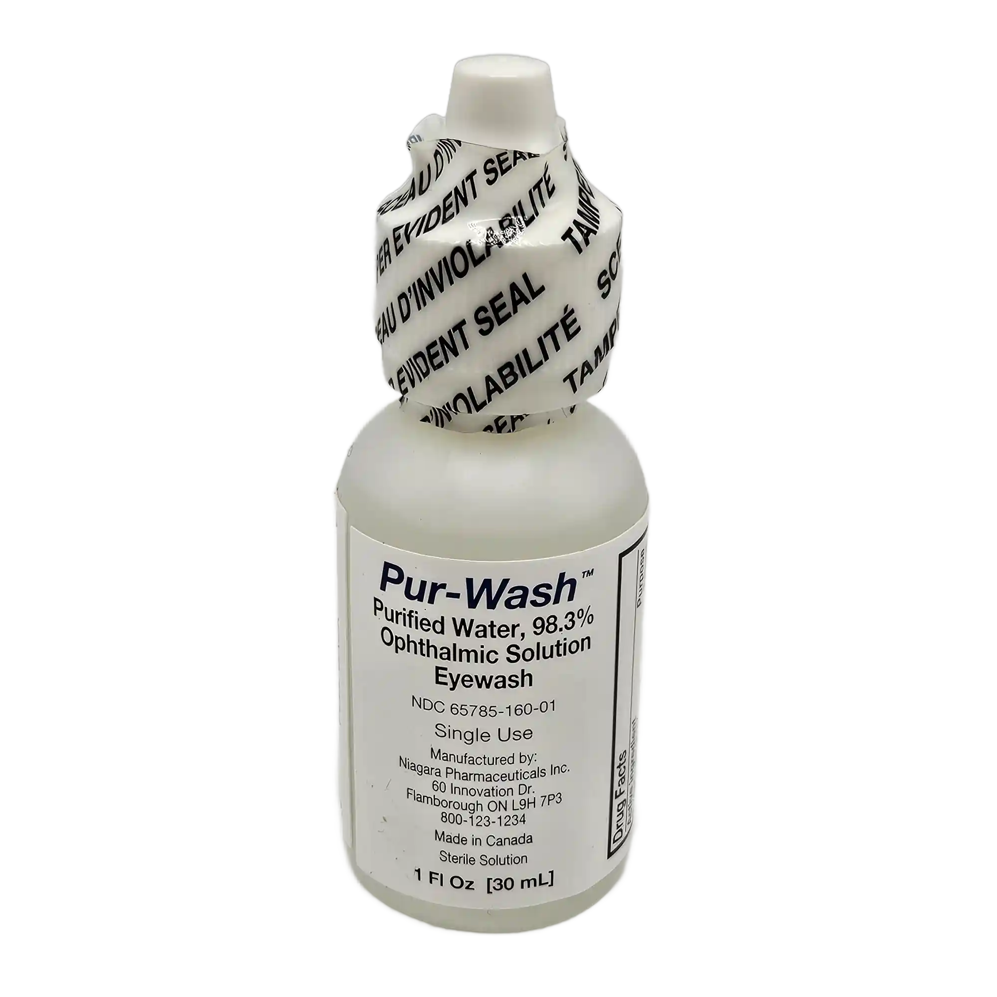 bottle of pur-wash eye was solution. white bottle with black writing and shrink wrap safety seal