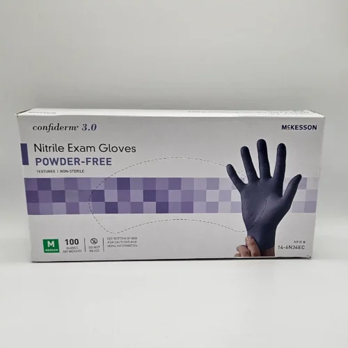 white box with purple stripe for nitrile exam gloves. image of purple gloved hand on box 100 count