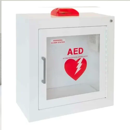 image of white wall/surface mounted AED system with red strobe light on top and warning box is alarmed with AED in capital letters on window and a heart with a lightening bolt through it